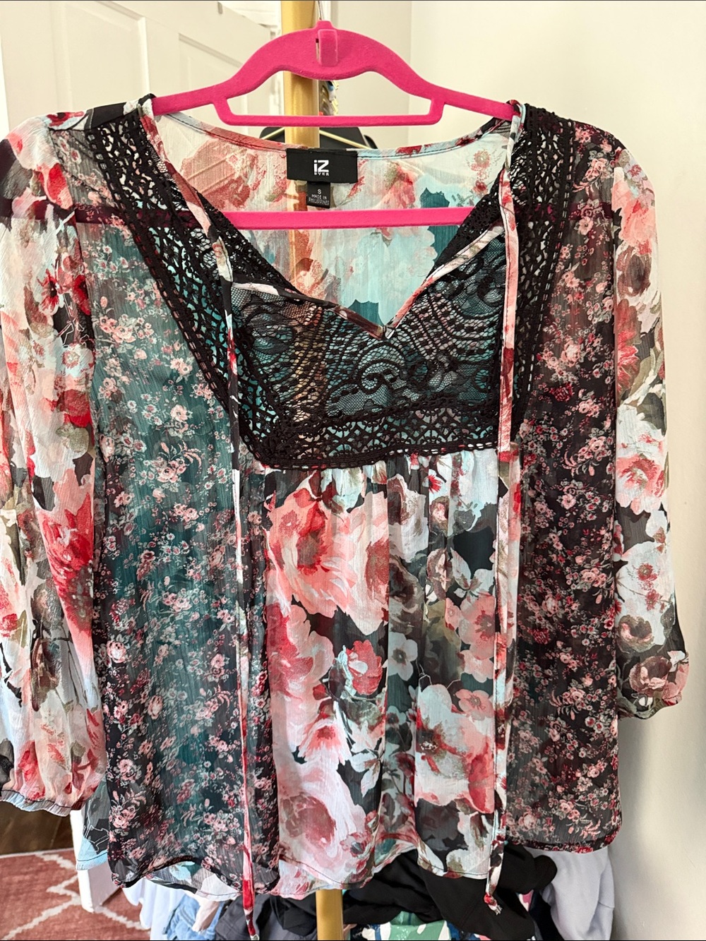 Iz Byer Black & Pink Floral Sheer Lace-Trim Blouse